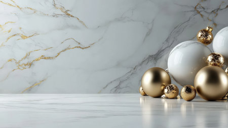 Luxurious marble platform with soft golden lighting, perfect for a New Year Eve showcaseの素材