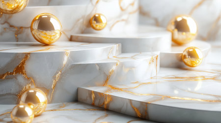 Luxurious marble platform with soft golden lighting, perfect for a New Year Eve showcaseの素材