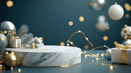 A white marble pedestal with golden edges, surrounded by shimmering Christmas lights and presentsの素材