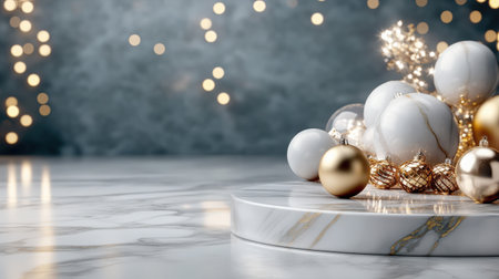 Luxurious marble platform with soft golden lighting, perfect for a New Year Eve showcaseの素材