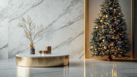 Gold and marble podium with a modern Christmas tree in the background, elegant holiday decorの素材