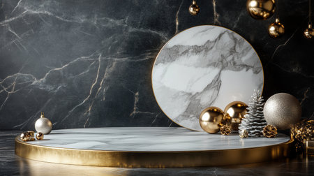 Luxurious marble platform with soft golden lighting, perfect for a New Year Eve showcaseの素材