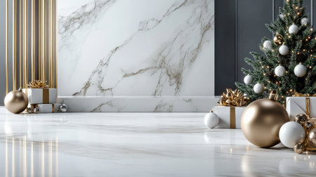 Luxurious marble platform with soft golden lighting, perfect for a New Year Eve showcaseの素材