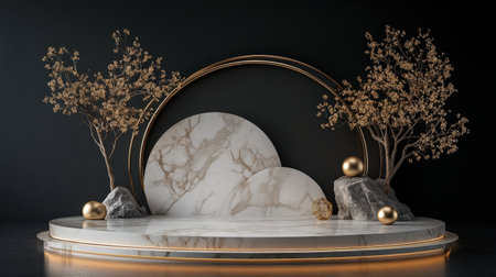 Luxurious marble platform with soft golden lighting, perfect for a New Year Eve showcaseの素材