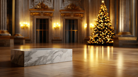 Elegant marble stand in a golden room with soft holiday lighting, perfect for Christmas product displaysの素材