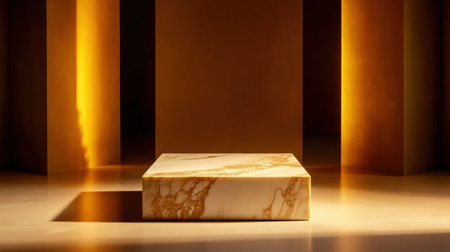 A minimalist marble pedestal under luxurious golden light, ready for a New Year eventの素材