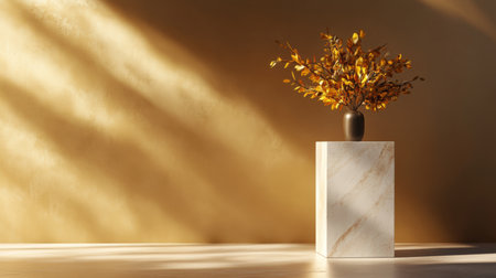 A minimalist marble pedestal under luxurious golden light, ready for a New Year eventの素材