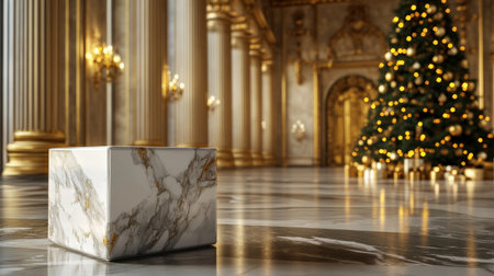 Elegant marble stand in a golden room with soft holiday lighting, perfect for Christmas product displaysの素材