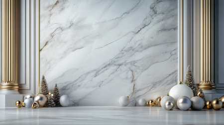 Marble stage with gold edges and Christmas baubles scattered around, creating a festive luxury sceneの素材