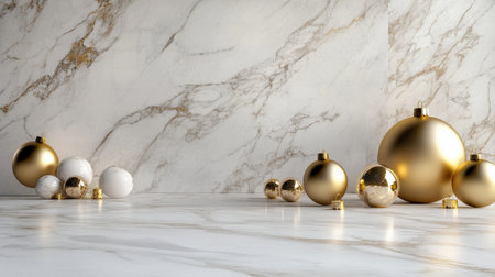 Marble stage with gold edges and Christmas baubles scattered around, creating a festive luxury sceneの素材