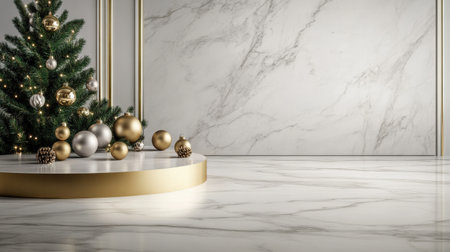 Marble stage with gold edges and Christmas baubles scattered around, creating a festive luxury sceneの素材