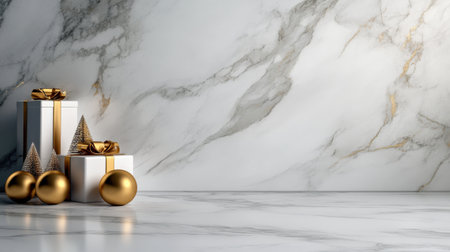 a luxury marble platform with gold accents, surrounded by festive holiday ornamentsの素材