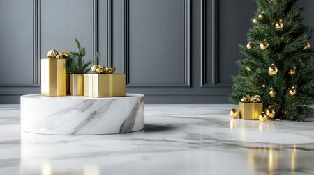 a luxury marble platform with gold accents, surrounded by festive holiday ornamentsの素材