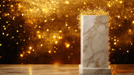 White marble pedestal against a rich golden background, decorated with sparkling Christmas lightsの素材