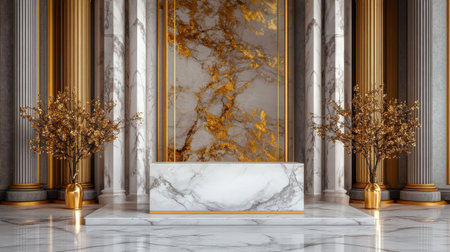 Luxurious marble podium with a gold backdrop, ready for a New Year celebration displayの素材