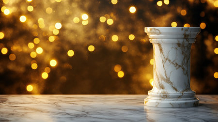 White marble pedestal against a rich golden background, decorated with sparkling Christmas lightsの素材