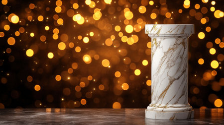 White marble pedestal against a rich golden background, decorated with sparkling Christmas lightsの素材