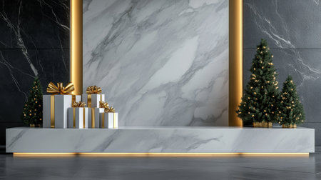a luxury marble platform with gold accents, surrounded by festive holiday ornamentsの素材