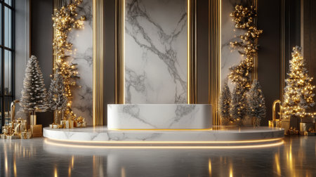 A white marble podium with gold accents, set in a luxurious studio with golden lights and Christmas decorationsの素材