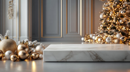 A white marble podium with gold accents, set in a luxurious studio with golden lights and Christmas decorationsの素材