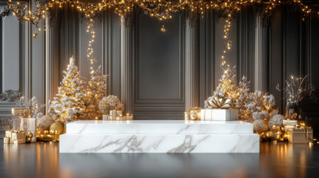 A white marble podium with gold accents, set in a luxurious studio with golden lights and Christmas decorationsの素材