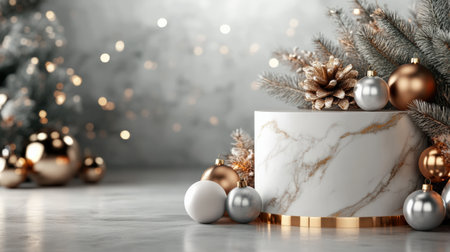 Elegant white marble pedestal with gold trim in a 3D scene, surrounded by festive Christmas baublesの素材