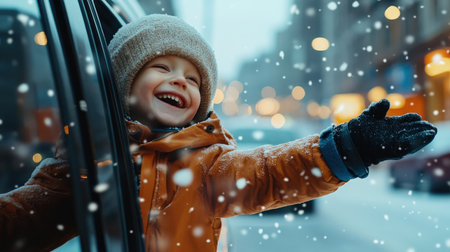 a happy little boy wearing winter leaning out of a car window in a snowy cityの素材
