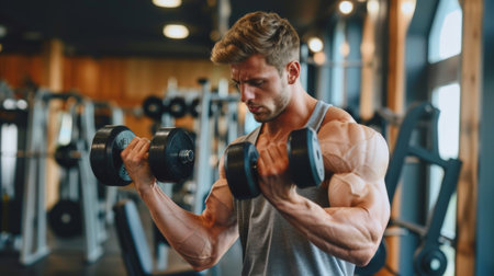 A muscular man in a gray tank top is doing bicep curls with dumbbells in a gym.の素材