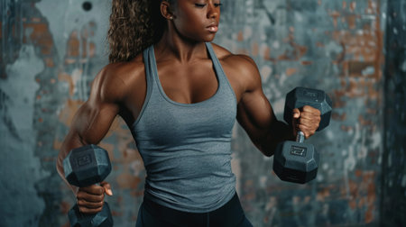 A muscular woman works on her biceps with dumbbells.の素材