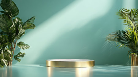 Podium background product 3D gold cosmetic platform nature beige display advertising backdrop studio. Pedestal podium product green scene render stand golden space design luxury mockup 3Dの素材