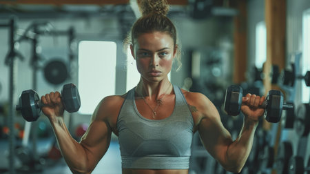 A muscular woman with blonde hair in a gray sports bra lifts dumbbells up to her shoulders.の素材