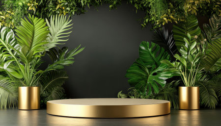 Podium background product 3D gold cosmetic platform nature beige display advertising backdrop studio. Pedestal podium product green scene render stand golden space design luxury mockup 3Dの素材