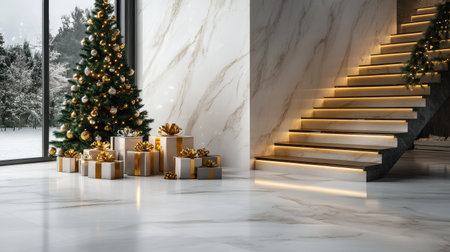 Modern marble and gold platform with holiday decor, featuring luxury Christmas gifts and lightsの素材