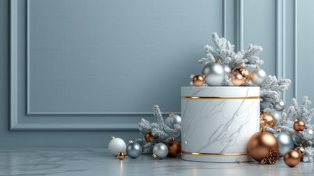 Elegant white marble pedestal with gold trim in a 3D scene, surrounded by festive Christmas baublesの素材