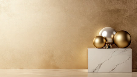 Luxurious marble pedestal with a gold backdrop and festive Christmas ornaments placed elegantly aroundの素材