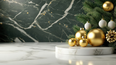 Golden and white marble podium against a luxurious holiday backdrop, ideal for Christmas displaysの素材