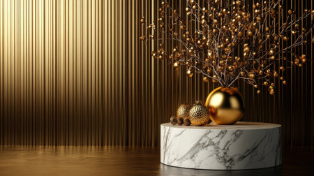 Luxurious marble podium with a gold backdrop, ready for a New Year celebration displayの素材