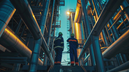 Two engineers in hardhats inspecting an industrial facilityの素材