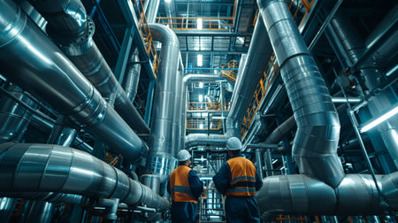 The industrial interior of a factory with a complex system of pipes and a worker in protective clothing.の素材