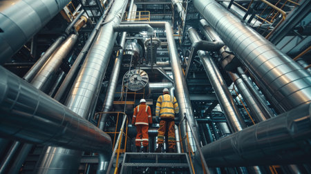 Two workers in protective clothing standing on a platform in a large industrial buildingの素材
