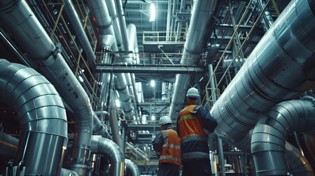 Two engineers in hardhats inspect a maze of pipes and machinery in an industrial setting.の素材