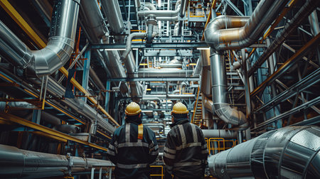Two engineers in hardhats inspecting an industrial pipelineの素材