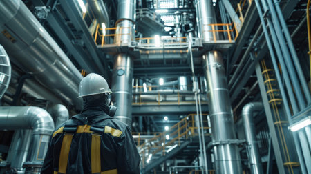 Industrial interior of a modern power plant with a worker wearing a hard hat and safety vest inspecting the facility.の素材