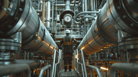 The image shows a complicated system of industrial pipes and machinery.の素材