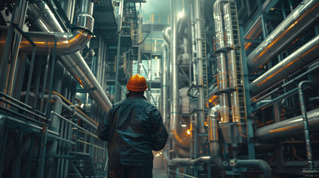 Engineer in hard hat inspecting pipes and valves at industrial plantの素材