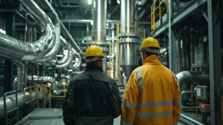 Two engineers in hard hats and protective workwear inspecting industrial machinery and pipelines at a power plantの素材