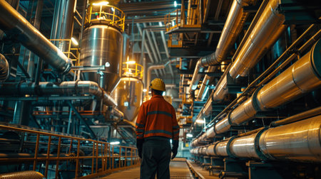 Oil and gas worker inspecting pipes and valves at an oil and gas production facilityの素材