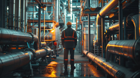 An industrial worker in a hard hat and protective suit walks through a large, modern industrial building filled with pipes and machinery.の素材