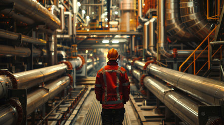 Oil and gas worker walking through a maze of pipes and machinery in an industrial setting.の素材