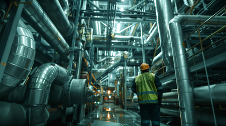 Industrial worker in hard hat and safety vest inspecting pipes and valves at a power plantの素材